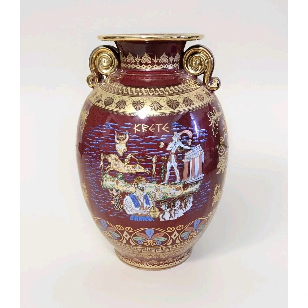 Red Spyropoulos Vase Greece 24K Gold Trim Greek Mythology Porcelain 9.5